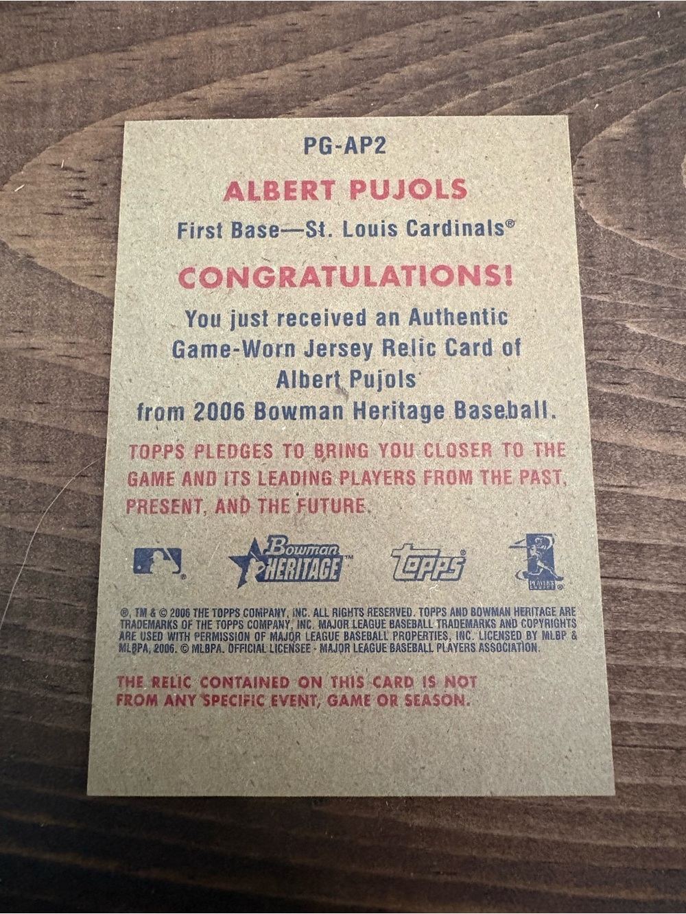 2006 Bowman Heritage Pieces of Greatness “ALBERT PUJOLS” Game Used Jersey Cards - Picture 2 of 3